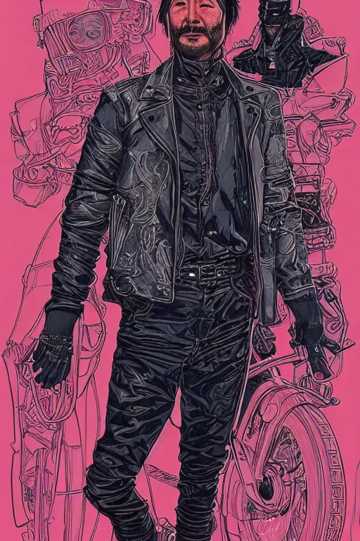 Prompt: 1 9 8 9 portrait of hiroyuki sanada in a leather jacket. highly detailed masterpiece art by josan gonzalez.