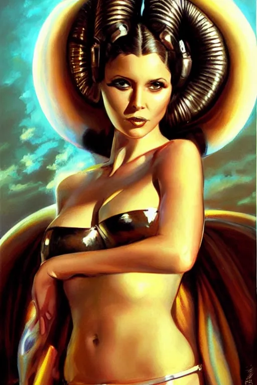 Image similar to a beautiful woman wearing princess leia metal bikini, painting by julie bell and ross tran
