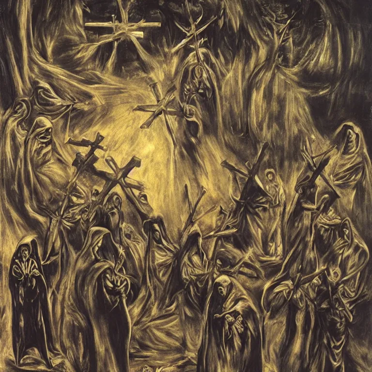 Image similar to A Holy Week procession of grim reapers in a lush Spanish landscape at night. A hooded figure at the front holds a cross. El Greco, Remedios Varo, Salvador Dalí, Zdzisław Beksiński.