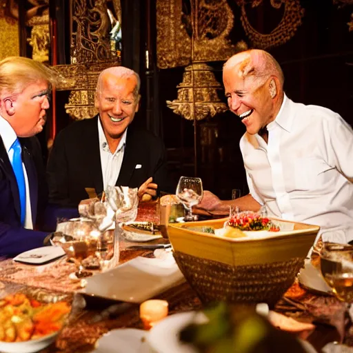 Image similar to donald Trump and joe Biden having dinner at a fancy Balinese restaurant, award winning photography, 85mm, perfect faces