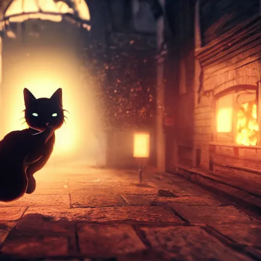 Image similar to deeply scared cat running away from the giant carnivorous sandwich, artstation hq, dark phantasy, stylized, symmetry, modeled lighting, detailed, expressive, true unsimulated emotions, created by hidetaka miyazaki, dark souls 3 screenshot