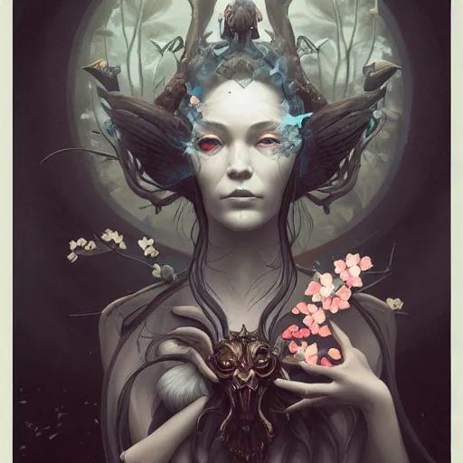 Image similar to fantasy portrait of a woman made of obsidian and smoke, carved Japanese Sakura wood organic overgrowth, holding nevermore, peter mohrbacher, artgerm, James Jean