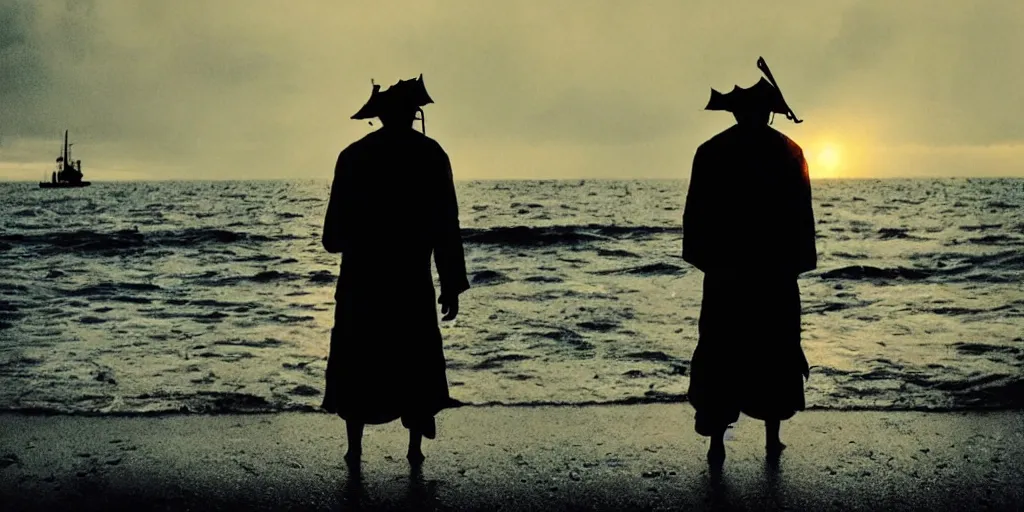 Image similar to film still of closeup old man holding up lantern by his beach hut at night. pirate ship in the ocean by emmanuel lubezki