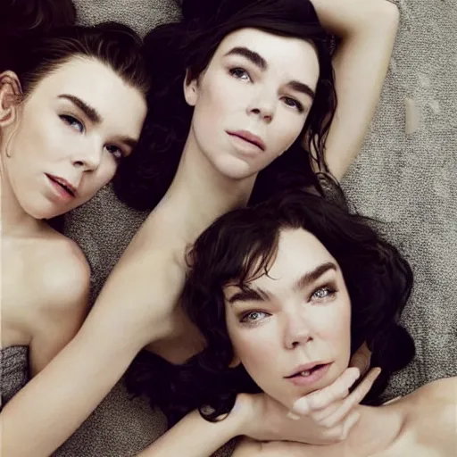 Prompt: stunning vogue magazine photo of dark - haired goddesses vanessa kirby, hailee steinfeld, and bjork smiling, legs intertwined, laying back on the bed, sharing a towel, with wet faces!!, wet lips, smooth skin, perfect eyes, insanely detailed, elegant, by wlop, rutkowski, livia prima, mucha, wlop,