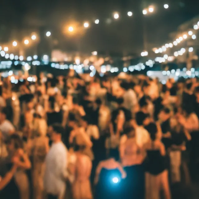 Prompt: DSLR photograph of a busy dance floor at night, sharp focus
