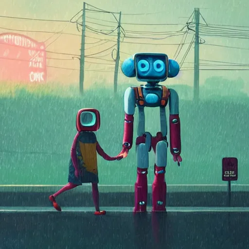 Image similar to a young girl and her tall humanoid robot going on a trip together, near a gas station, raining, detailed, cinematic, cinematic lighting, by Simon Stalenhag