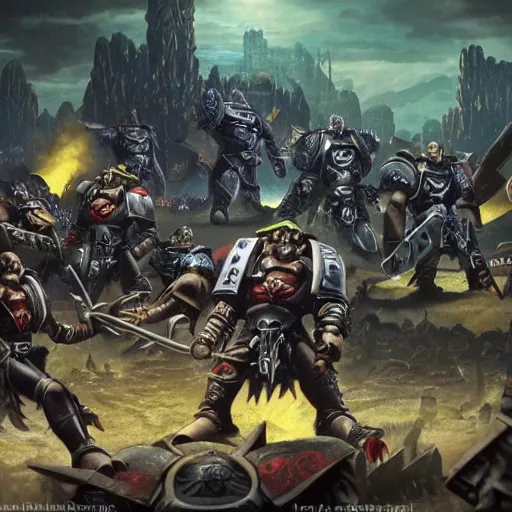 Image similar to Epic battle between Astartes and orcs in the world of Warhammer 40,000, retro futurism style