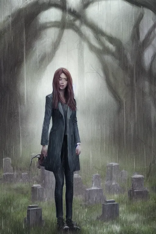 Image similar to tv scene of rachel amber from life is strange standing in a graveyard in the rain, highly detailed, sharp focused, ultra realistic digital concept art by Alyssa Monks, Charlie Bowater