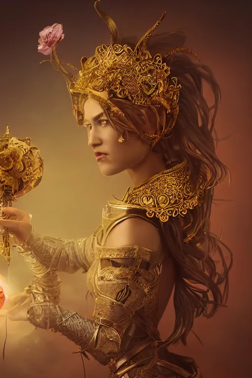 Prompt: hyperdetailed matte illustration of a female knight wearing an ornate gold headpiece and holding a flower with a map of the collective subconscious in the background by octane render