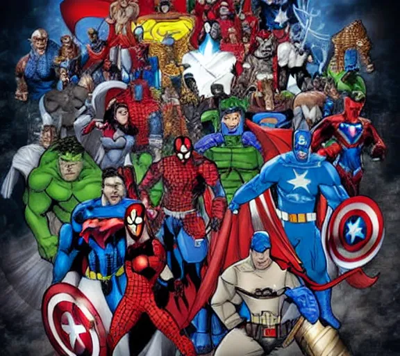 Image similar to Amazing fantasy art of marvel superheroes fighting against DC superheroes