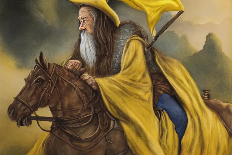 Prompt: Portrait of Gandalf with a yellow hat riding a horse, photo