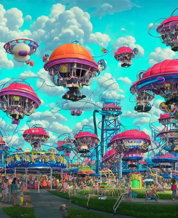 Image similar to a puffy inflated amusement park made out of seamless alien creatures, in the style of an aerodynamic obese robot, overgrown with thick orchids, partly cloudy, sun - drenched, dramatic lighting, by dan mumford, yusuke murata, makoto shinkai, ross tran, cinematic, unreal engine, cel shaded, featured on artstation, pixiv