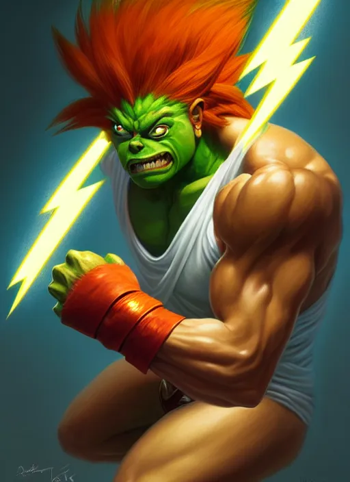 Image similar to symmetry!! portrait of blanka with lightning, street fighter, global illumination!! intricate, elegant, highly detailed, digital painting, artstation, concept art, smooth, sharp focus, illustration, art by artgerm and greg rutkowski and alphonse mucha