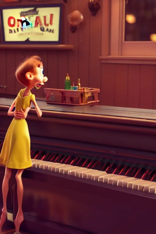 Image similar to the girl playing piano on a bar. pixar disney 4 k 3 d render funny animation movie oscar winning trending on artstation and behance. ratatouille style.