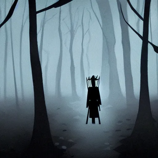 Image similar to samurai jack walks alone through the woods at night, gloomy, dark, foggy, night, ominous, dark color, atmospheric, cinematic lighting, intricate detail?