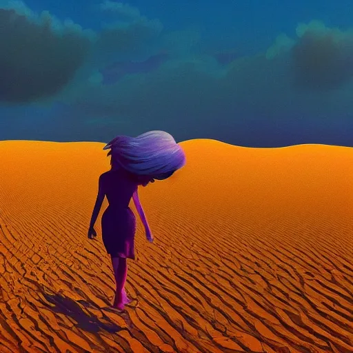 Image similar to closeup, giant dahlia flower as a head, a girl walking between dunes, surreal photography, sunrise, blue sky, dramatic light, impressionist painting, digital painting, artstation, simon stalenhag