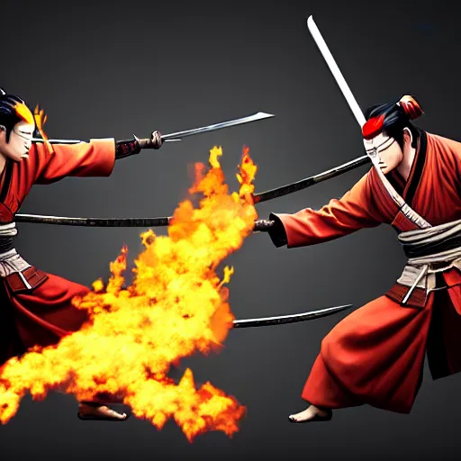 Prompt: Two samurais with flaming swords fighting, 8k, concept art, elegant