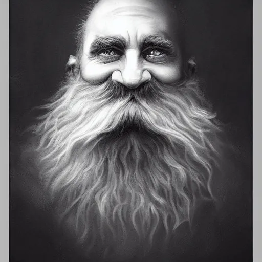 Image similar to By Tom Bagshaw, ultra realist soft painting of gloomy universe by night, silly Dwarf smile beard, symmetry accurate features, very intricate details, ominous sky, black and white, volumetric light clouds