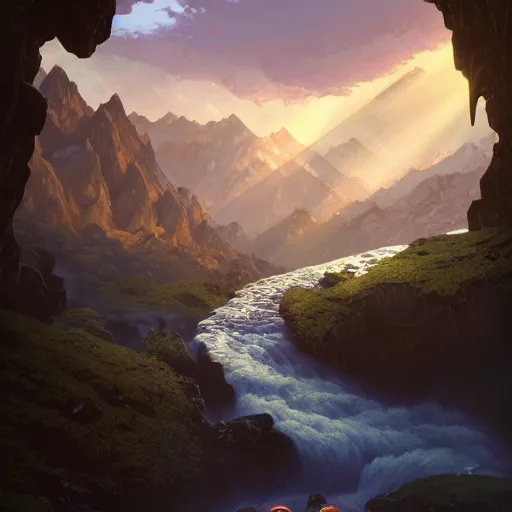 Image similar to a mountain range with a river flowing through it by akihito tsukushi, backlight, rim lighting, deep focus, d & d, fantasy, intricate, elegant, highly detailed, digital painting, artstation, concept art, matte, centered, sharp focus, illustration, hearthstone, art by artgerm, greg rutkowski and alphonse mucha