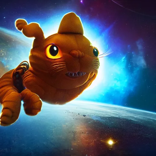 Image similar to one scary garfield in space, galaxy, hd, 8 k, explosions, gunfire, lasers, giant, epic, realistic photo, unreal engine, stars, prophecy, powerful, cinematic lighting, destroyed planet, debris, movie poster, violent, sinister, ray tracing, dynamic, print, epic composition, dark, lasagna, horrific