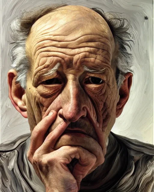 Prompt: a head and shoulders portrait a very ordinary old man with an sad expression, side angle, by Lucian Freud and Jenny Saville, oil painting, anatomically correct, beautiful perfect face, visible brushstrokes, sharp focus, Highly Detailed, Cinematic Lighting, 8k, HD