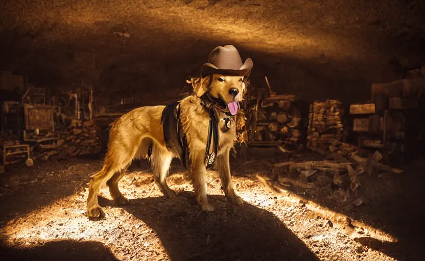 Image similar to a dirty golden retriever in a dimly lit gold mine with large piles of gold nuggets and wearing a black western hat and jacket, dim moody lighting, wooden supports and wall torches and pick axes, cinematic style photograph