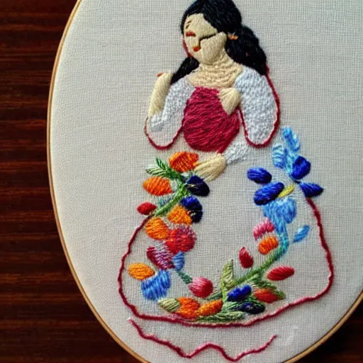 Image similar to a tiny beautiful handmade embroidery of a woman. hand embroidery.