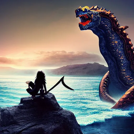 Image similar to a dramatic digital art of a teenage boy with long hair holding a sword while standing on the edge of a cliff over looking water, coming out of the water is a giant serpent water monster looming over the boy with it's mouth open, dramatic digital art, ambient lighting