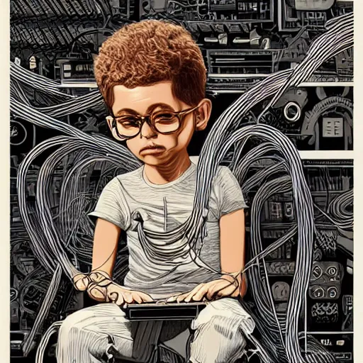 Image similar to illustration of a boy connected to his laptop with hundreds of wires, highly detailed, by butcher billy, mcbess, rutkowski, artgem, james jean, 8 k, photorealistic