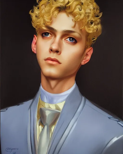 Prompt: Giorno Giovanna, oil on canvas, artstation, by J. C. Leyendecker and Edmund Blair Leighton and Charlie Bowater, octane