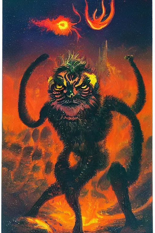 Prompt: tigerman, full body dynamic pose. Fiery explosion in background. by Paul Lehr.