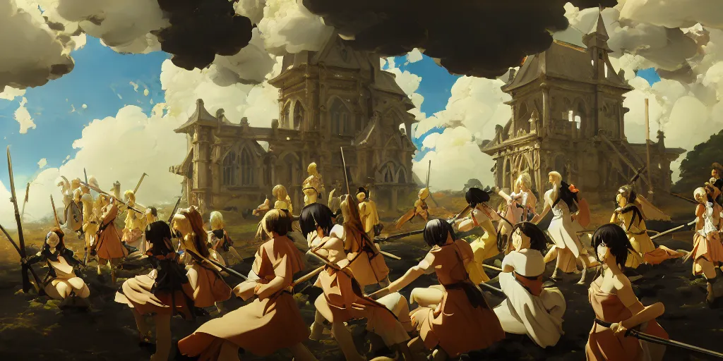 Prompt: baroque oil painting of key visual environment concept art of anime maids fighting a crusade for the anglican church, brutalist, dark fantasy, rule of thirds golden ratio, fake detail, trending pixiv fanbox, acrylic palette knife, style of makoto shinkai studio ghibli genshin impact jamie wyeth james gilleard greg rutkowski chiho aoshima