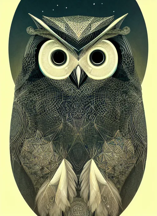 Image similar to portrait of a geometric owl, identical eyes, medium shot, illustration, full body made of white feathers, symmetrical, art stand, super detailed, cinematic lighting, and its detailed and intricate, gorgeous, by peter mohrbacher