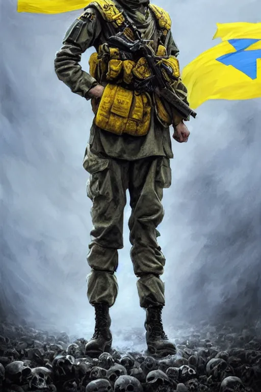 Prompt: a distant shot of a Ukrainian Modern Warfare soldier with blue and yellow flag standing alone on a pile of skulls as a winner, masculine figure, D&D, fantasy, intricate, elegant, highly detailed, hyperrealistic, extremely detailed, digital painting, artstation, concept art, matte, sharp focus, symmetrical, illustration, art by Artgerm and Greg Rutkowski and Alphonse Mucha