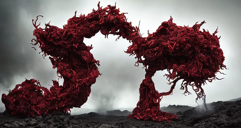 Image similar to a volcano made of ivory vines and crimson rocks enters in eruption, it spits a smoke in the shape of demonic eye, by Kirsty Mitchell