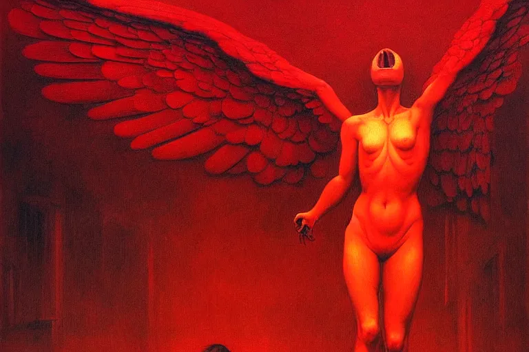 Image similar to only with red, a red angel announce the win, at the gates of a rich renaissance city, pathos, in the style of beksinski, part by hopper, part by rodcenko, part by hofbauer, intricate composition, red by caravaggio, insanely quality, highly detailed, masterpiece, red light, artstation