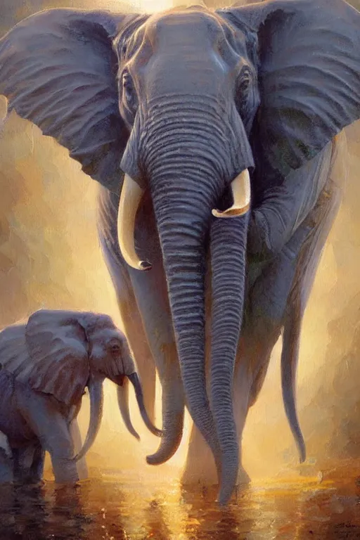 Image similar to spiritual twin flame elephant art, dusk hue, highly detailed, oil painting, by craig mullins