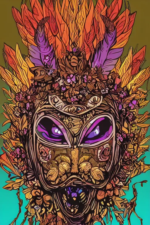 Image similar to animal mask totem roots flower tribal feather gemstone plant wood rock shaman vodoo video game vector cutout illustration vivid multicolor borderlands comics by josan gonzales and dan mumford radiating a glowing aura