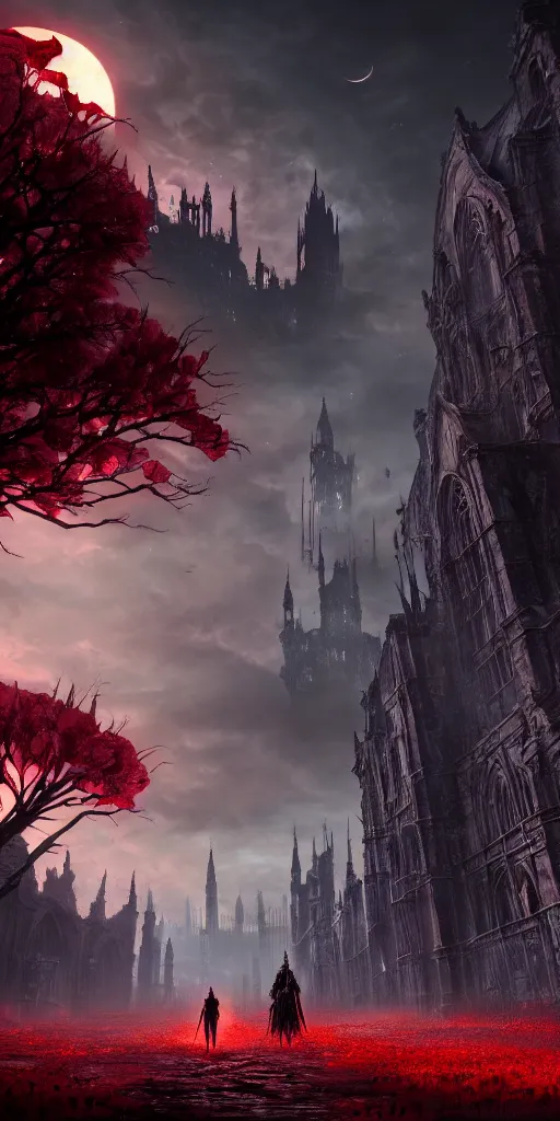 Image similar to abandoned bloodborne old valley with a obscure person at the centre and a ruined gothic city in the background, trees and stars in the background, falling red petals, epic red - orange moonlight, perfect lightning, wallpaper illustration by niko delort and kentaro miura, 4 k | 8 k, ultra realistic