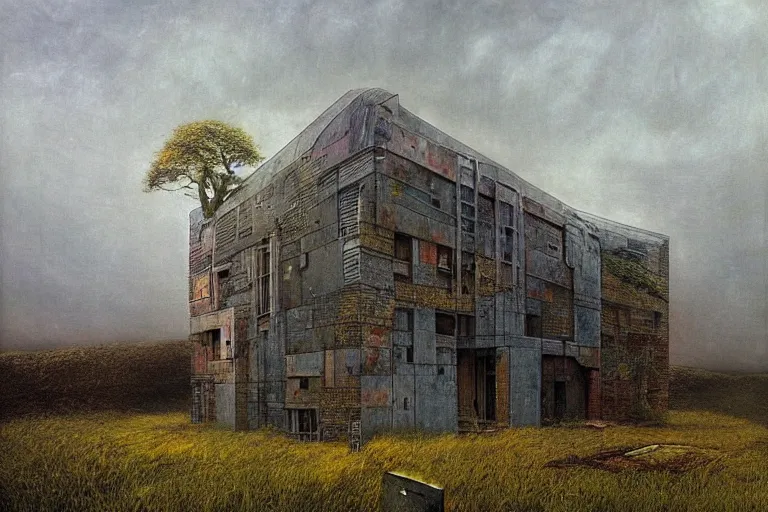 Image similar to cyberpunk, an estate agent listing photo, external view of a 5 bed countryside house in the UK, by Beksinski