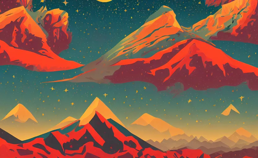 Image similar to mountains, stars and paisley filled sky, artstation, intricate, highly detailed, digital painting, concept art, sharp focus, illustration by Tom Whalen and Charles Williams