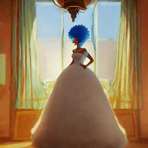 Image similar to Marge Simpson in a wedding dress, house interior, golden hour, by Greg Rutkowski