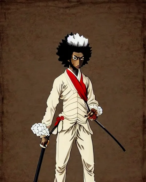 Prompt: afro samurai anime character wearing a beautiful 1 8 th century suit with a tie, rococo style, francois boucher style, highly detailed, very realistic, painterly style