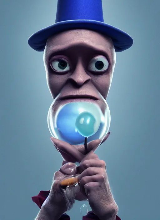 Prompt: an anthropomorphic beautiful male wizard blowing giant bubbles wearing blue robe, fine art, award winning, intricate, elegant, sharp focus, octane render, hyperrealistic, wizard hat cinematic lighting, highly detailed, digital painting, 8 k concept art, art by jamie hewlett and z. w. gu, masterpiece, trending on artstation, 8 k
