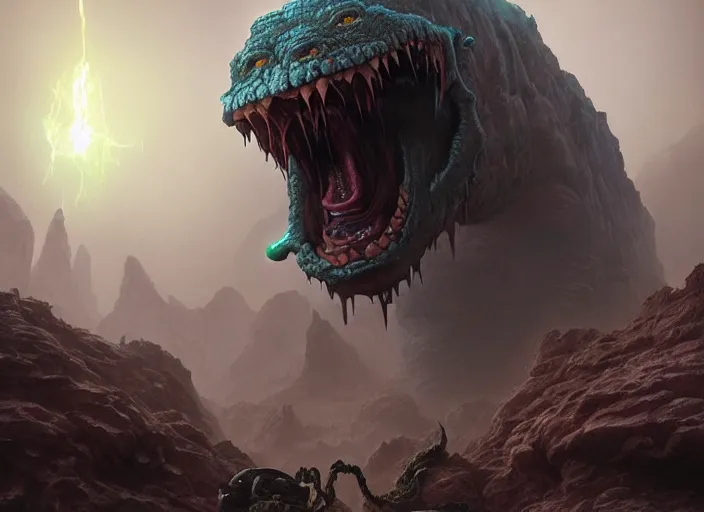 Prompt: giant monstrous aggressive slime creature screaming at the camera, cavescape with epic dramatic lighting, epic science fiction horror digital matte painting by Moebius and Mark Brooks (and Greg Rutkowski), extremely detailed, artstation