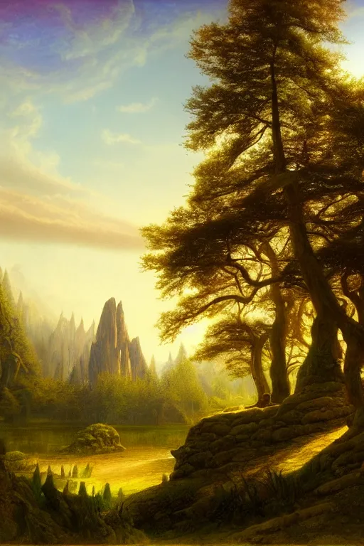 Image similar to fantasy landscape with elven temple in a forest, calm serene atmosphere, in the style of hudson river school