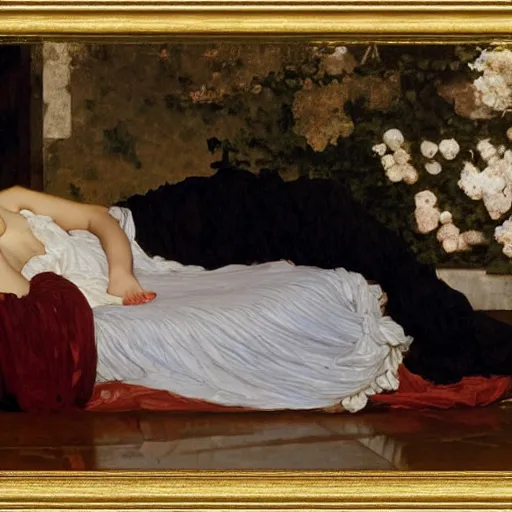 Prompt: a teenage girl lying on the floor, wearing a nightgown, by Frederic Leighton