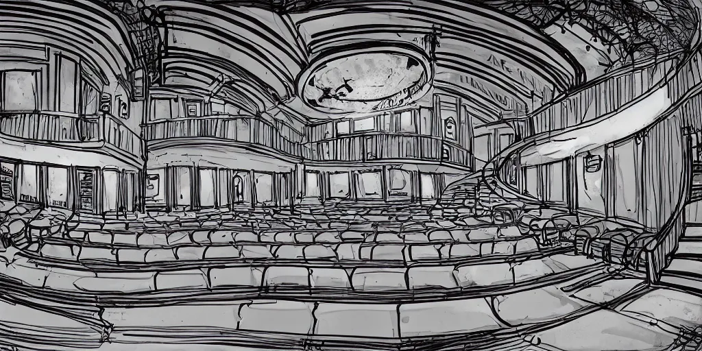 Image similar to a dimly lit, theater hall, 3 doors, 1 staircase, day of the tentacle style, fish eye