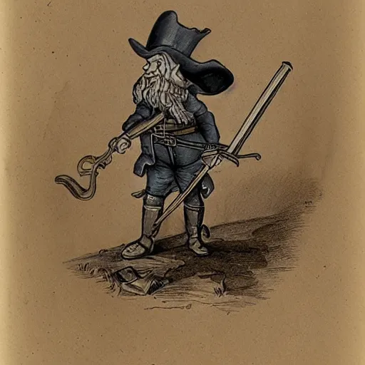 Prompt: A musket with an engraving of a tiny gnome on the barrel.