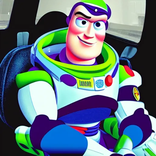 Image similar to a photograph of buzz lightyear in the Back of a police car